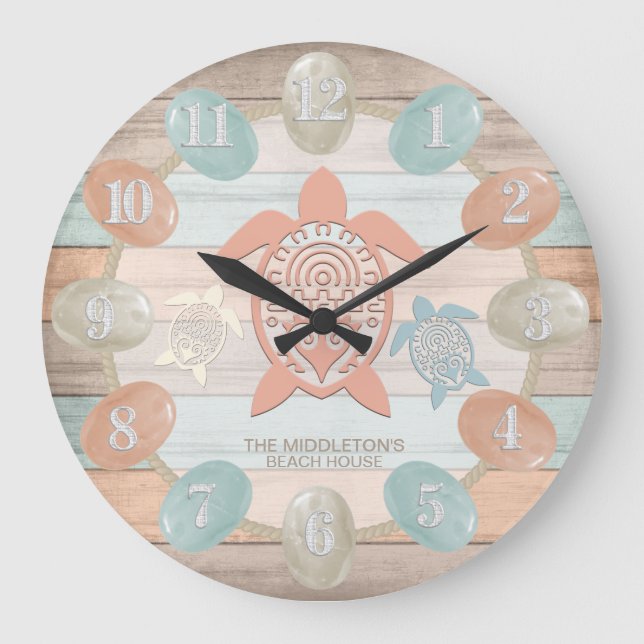 Nautical Beach Stripes, Sea Glass, Turtle Large Clock (Front)