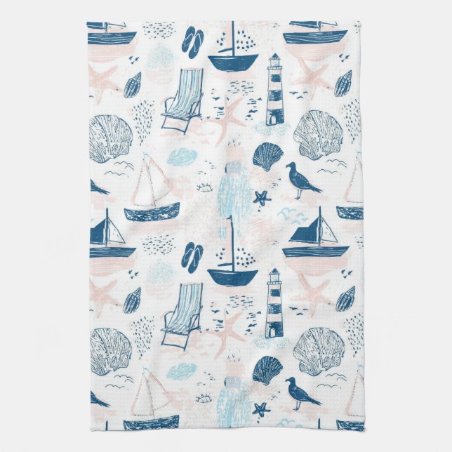 Nautical Beach Summer Blue Pink Coastal (1) Kitchen Towel (Vertical)