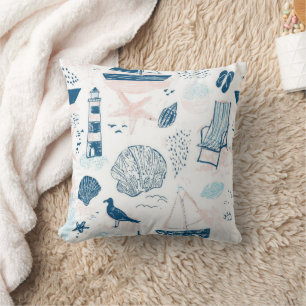 Nautical Beach Summer Blue Pink Coastal (1) Throw Pillow