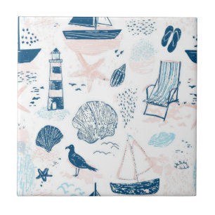 Nautical Beach Summer Blue Pink Coastal (1) Tile