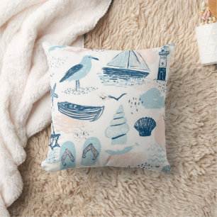 Nautical Beach Summer Blue Pink Coastal (2) Throw Pillow