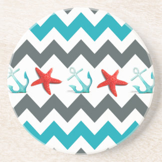 Nautical Beach Theme Chevron Anchors Starfish Coaster