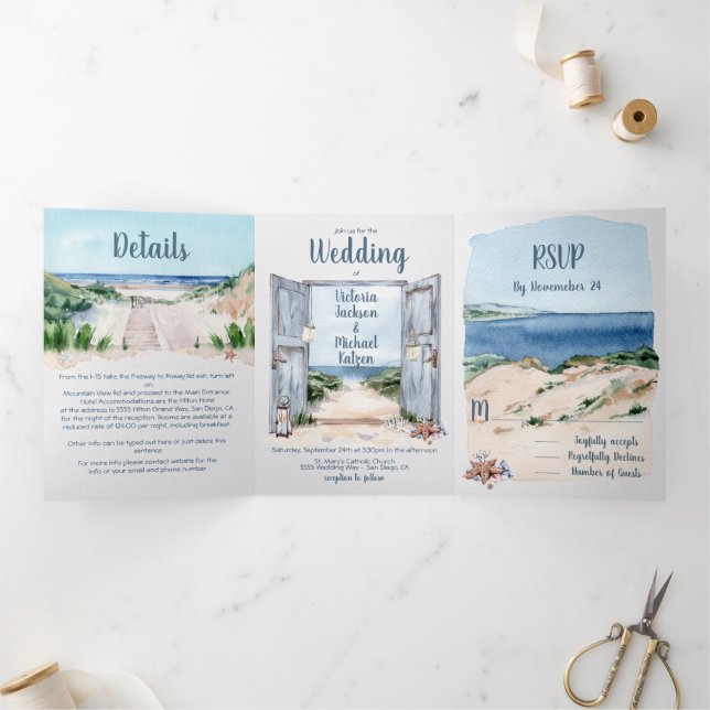 Nautical Beach Wedding Triplement Invitation (Intérieur)
