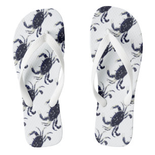 Nautical Beach White Blue Crabs Adult's Flip Flops