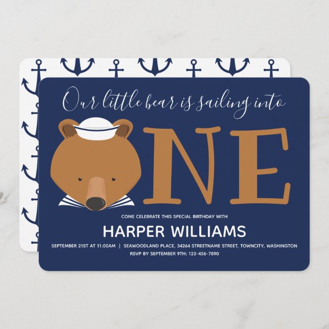 Nautical Bear Animal First Birthday Invitation (Front/Back)