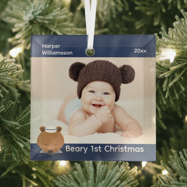Nautical Bear Photo Baby First Christmas Glass Ornament (Insitu)