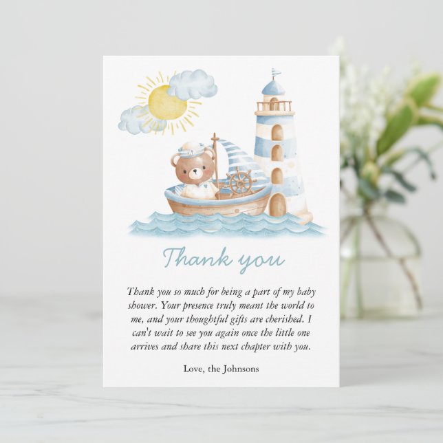 Nautical Bear Watercolor Boat Baby Shower  Thank You Card (Standing Front)
