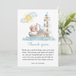 Nautical Bear Watercolor Boat Baby Shower  Thank You Card