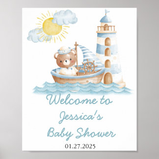Nautical Bear Watercolor Boat Baby Shower Welcome Poster
