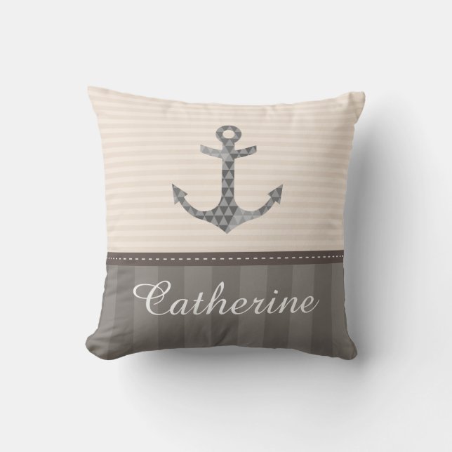 Nautical Beige and Brown  Anchor Custom Name Throw Pillow (Front)