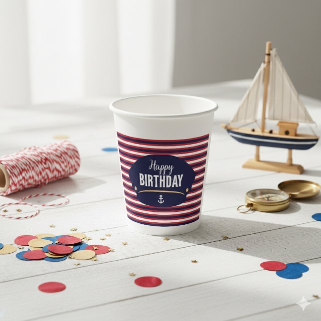 Nautical Birthday Captain Hat Stripe Party Theme Paper Cups (Creator Uploaded)