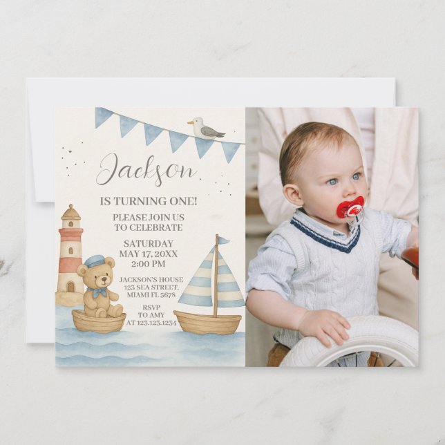 Nautical Birthday Invitation With Photo (Front)