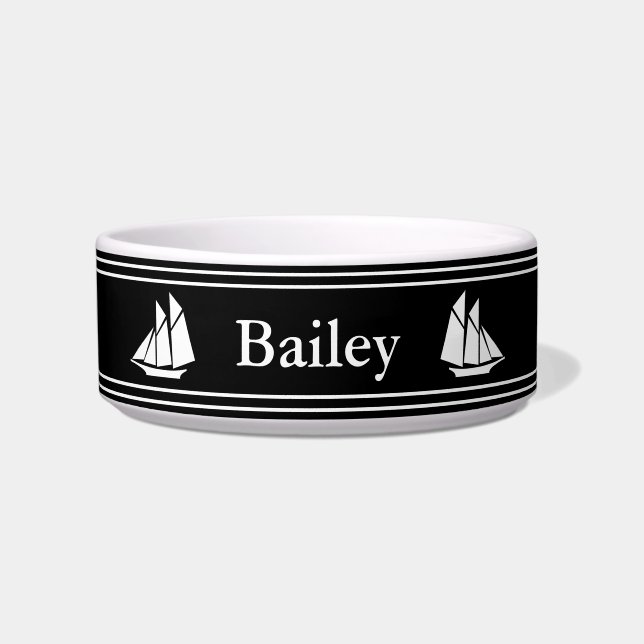Nautical Black and White Sailboats Pet Bowl (Front)