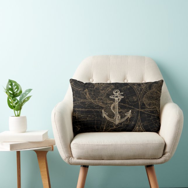 Nautical Black Beige Anchor World Map Throw Pillow (Chair)