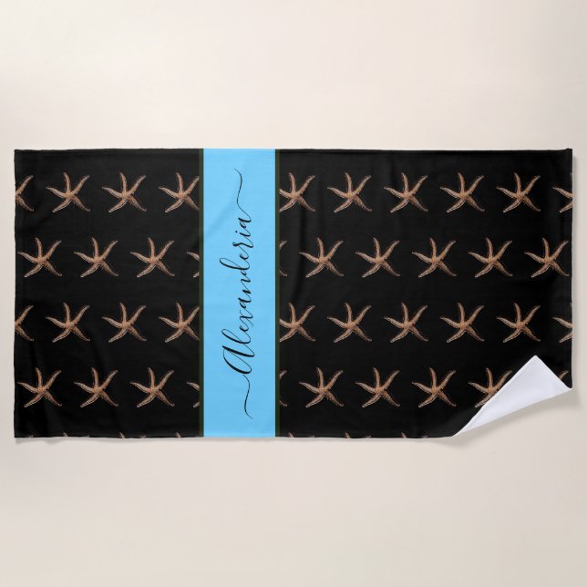 Nautical Black blue Starfish Personalized Beach Towel (Front)