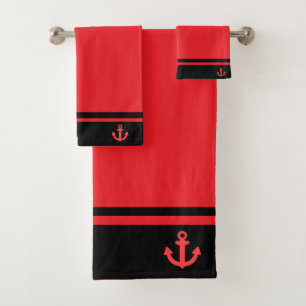 Nautical Black Red Anchor Banded Bath Towel Set