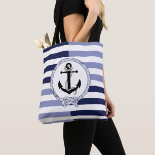 Nautical black ship anchor, navy blue stripe tote bag