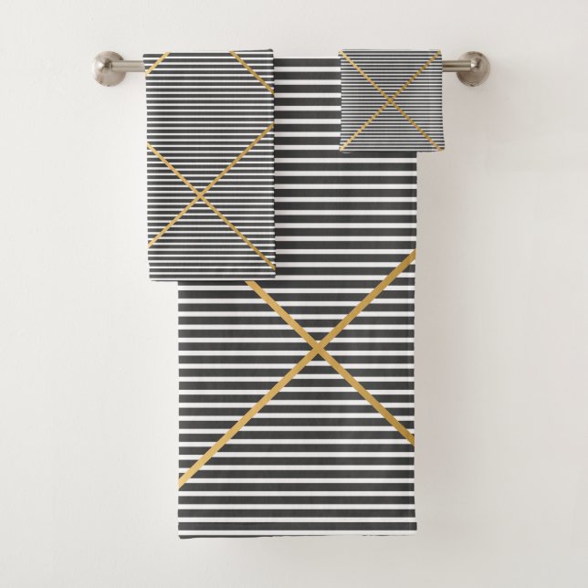 NAUTICAL BLACK STRIPE GOLD DESIGN BATH TOWEL SET (Insitu)