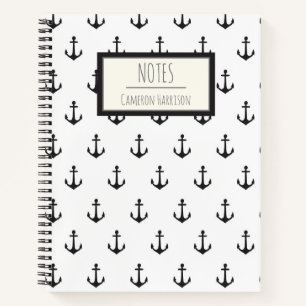 Nautical Black White Anchor Pattern Personalized Notebook