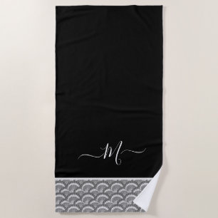 Nautical Black White Elegant monogram initial Bath Beach Towel