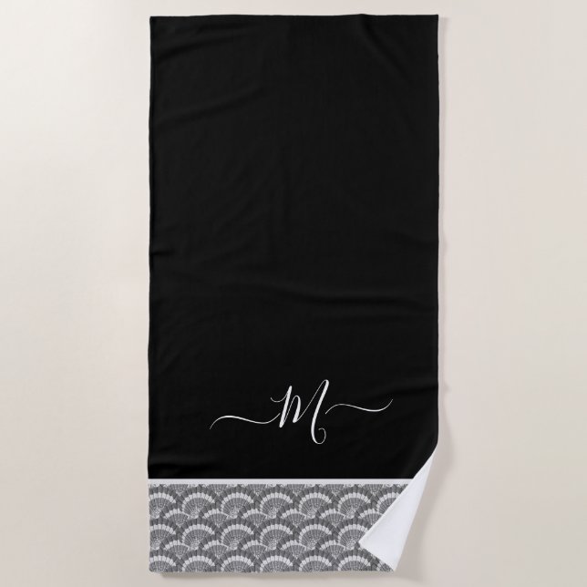 Nautical Black White Elegant monogram initial Bath Beach Towel (Front)