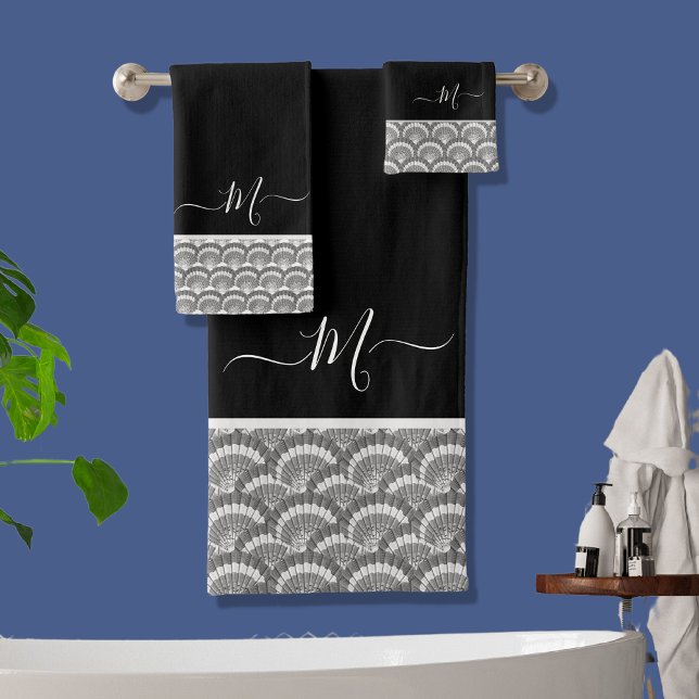 Nautical Black White Elegant monogram initial Bath Towel Set (Creator Uploaded)