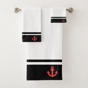 Nautical Black + White Red Anchor Banded  Bath Towel Set