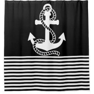 Nautical Black White Stripes and Black Anchor