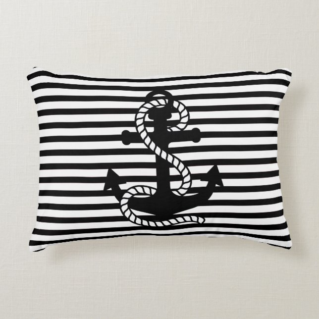 Nautical Black White Stripes and Black Anchor Decorative Pillow (Front)