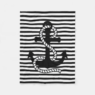 Nautical Black White Stripes and Black Anchor Fleece Blanket