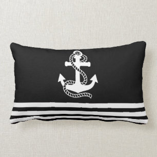 Nautical Black White Stripes and Black Anchor Lumbar Pillow