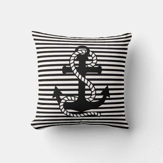 Nautical Black White Stripes and Black Anchor Throw Pillow (Front)