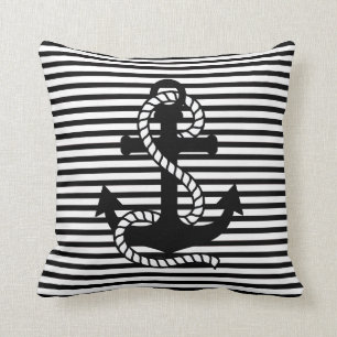 Nautical Black White Stripes and Black Anchor Throw Pillow