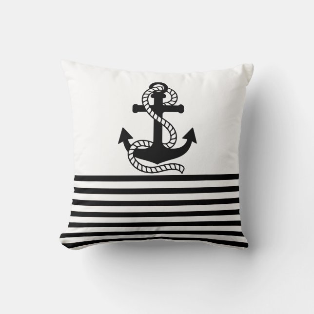Nautical Black White Stripes and Black Anchor Throw Pillow (Front)