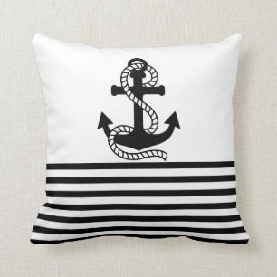 Nautical Black White Stripes and Black Anchor Throw Pillow