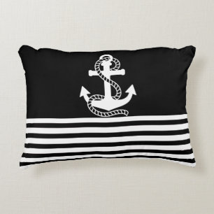 Nautical Black White Stripes and White Anchor Accent Pillow