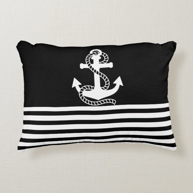 Nautical Black White Stripes and White Anchor Accent Pillow (Front)