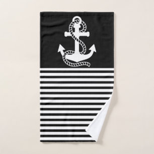 Nautical Black White Stripes and White Anchor Bath Towel Set