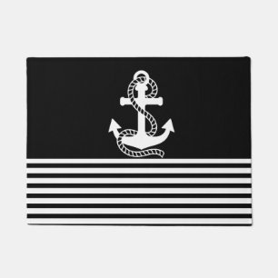 Nautical Black White Stripes and White Anchor Doormat