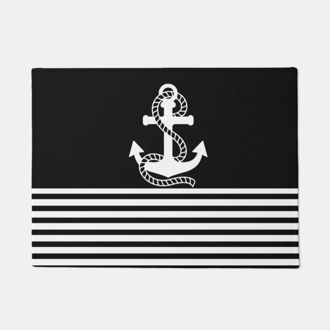 Nautical Black White Stripes and White Anchor Doormat (Front)