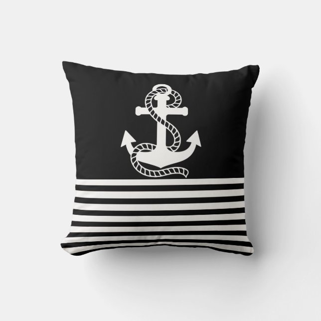 Nautical Black White Stripes and White Anchor Throw Pillow (Front)