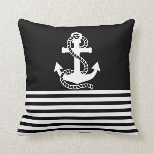 Nautical Black White Stripes and White Anchor Throw Pillow