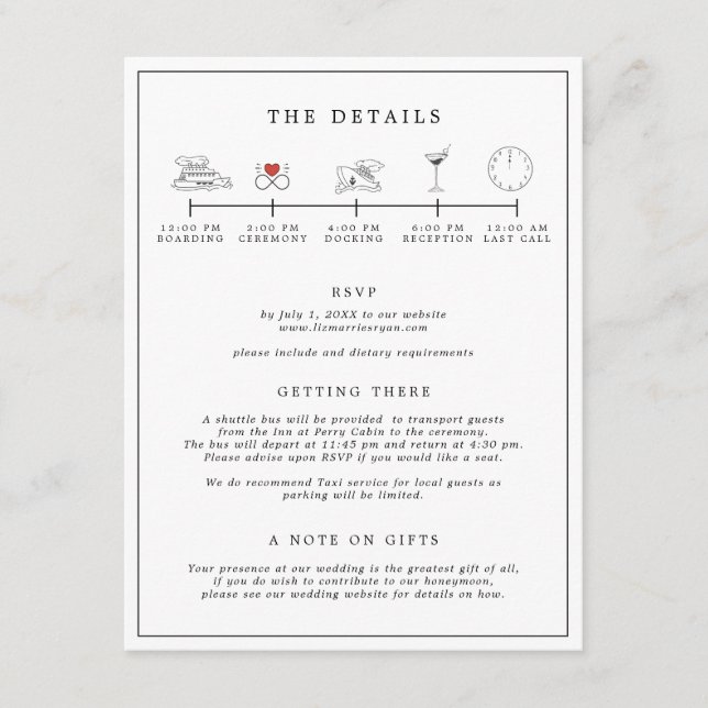 Nautical Black & White Wedding Itinerary Card (Front)