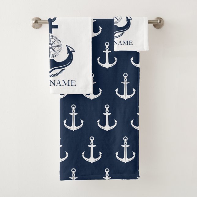 Nautical Blue Anchor Boat Name Bath Towel Set (Insitu)