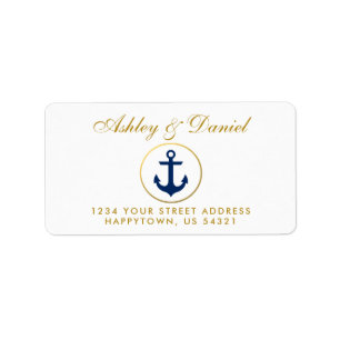 Nautical Blue Anchor Gold Wedding Address Label