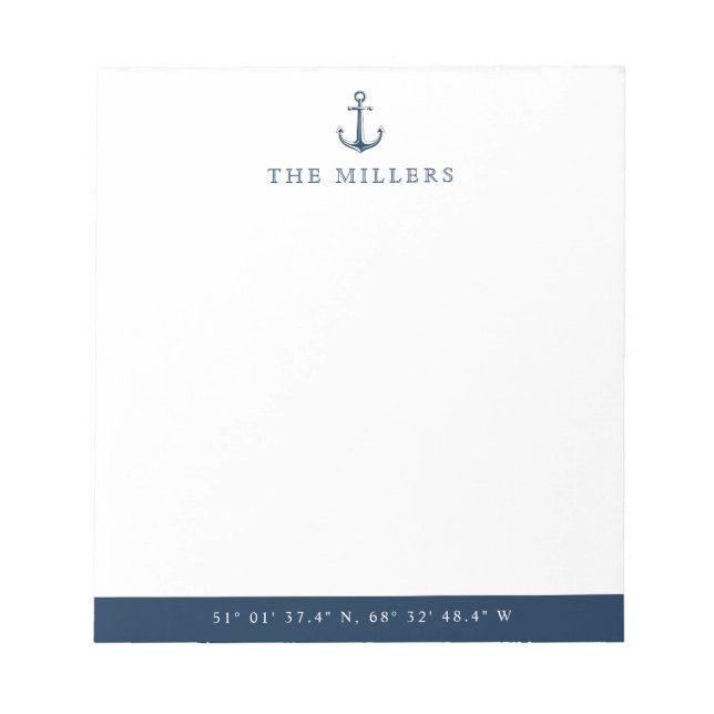 Nautical Blue Anchor Latitude/Longitude Custom Notepad (Front)