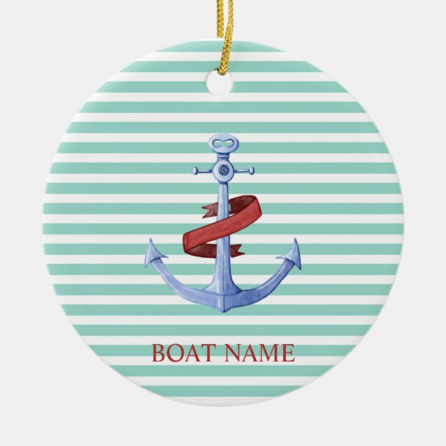 Nautical,Blue Anchor,Mint Green Stripes Ceramic Ornament (Front)