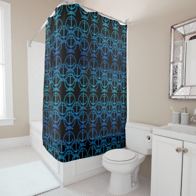 Nautical Blue Anchor Motif Shower Curtain (In Situ)