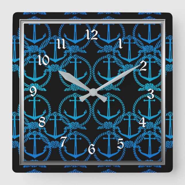Nautical Blue Anchor Motif Square Wall Clock (Front)