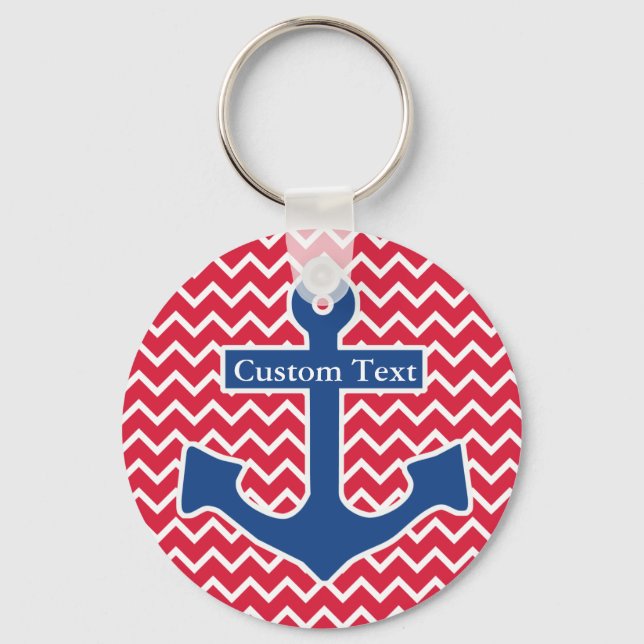 Nautical Blue Anchor on Red Chevron Background Keychain (Front)